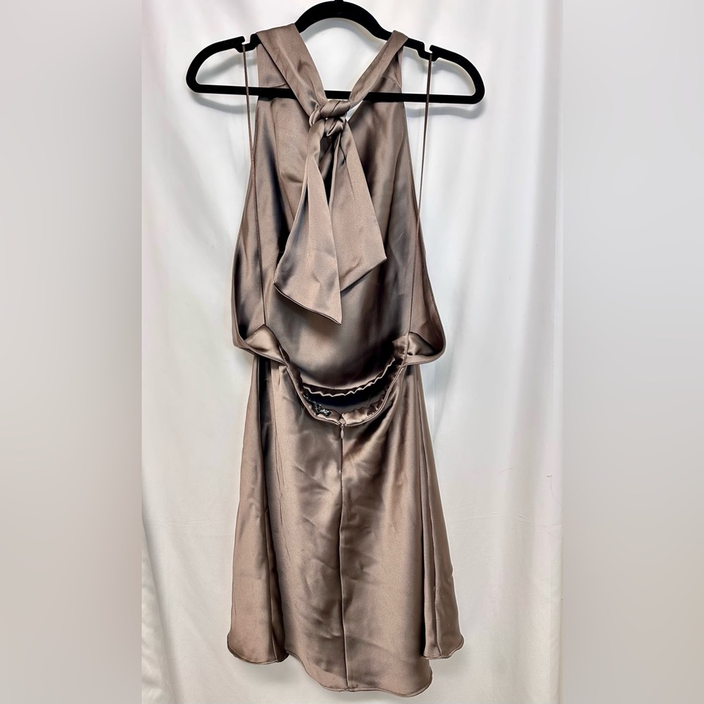 Zara Satin Cowl Neck Strapless Dress in Taupe - Picture 3 of 8